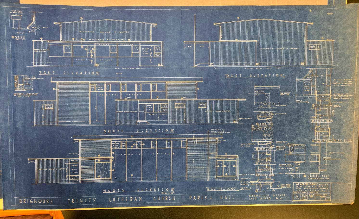 Original 1954 architectural blueprints for the Trinity Lutheran Church parish hall, designed by architect A.W. Gray. Sheet 3.