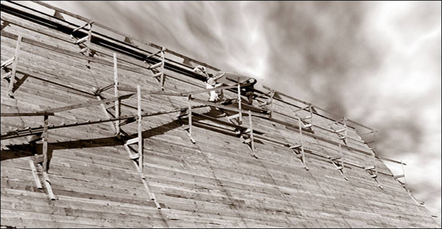 1964  historic photograph looking up at workers on high scaffolding during the construction of Trinity Lutheran Church in Richmond. The image highlights the extreme pitch of the A-frame roof as men work on the upper wooden decking against a dramatic, cloudy sky.