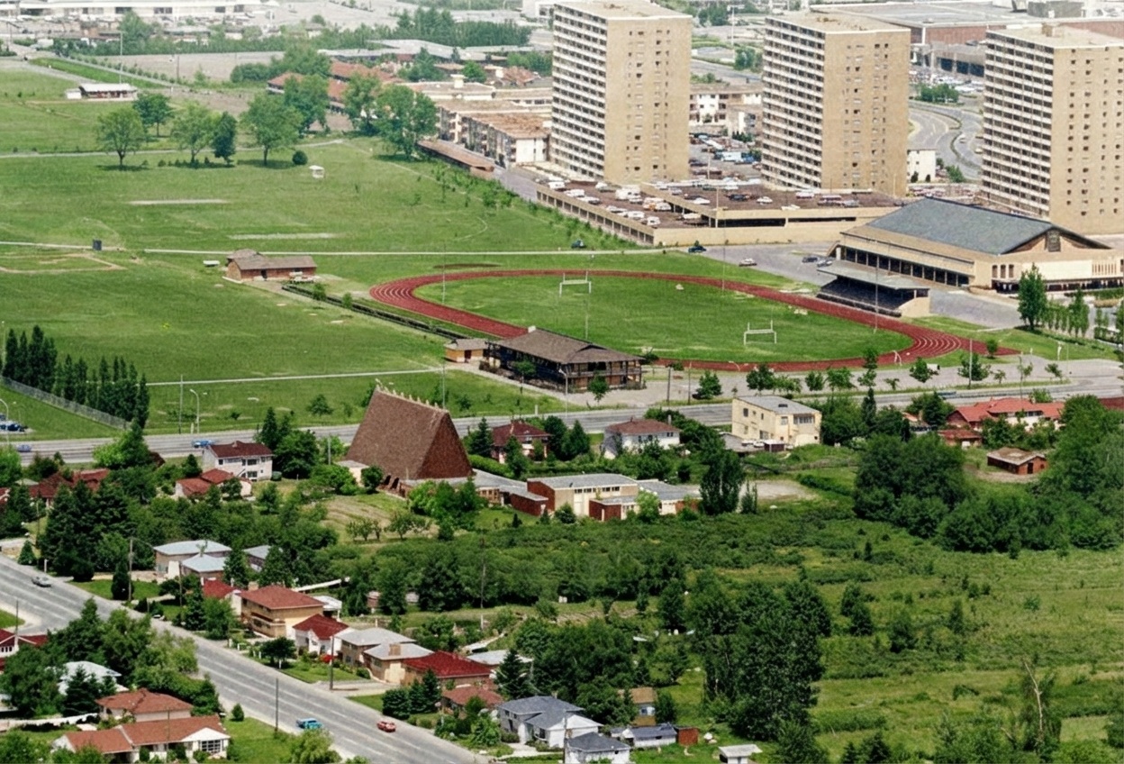 A 1977 colourized aerial photograph of Trinity Lutheran Church and its 1955 parish hall in the Brighouse area of Richmond, BC. The view includes surrounding landmarks such as Minoru Park, the Minoru Track, Minoru Arenas, and the Richmond Centre shopping mall. Source: City of Richmond Archives.