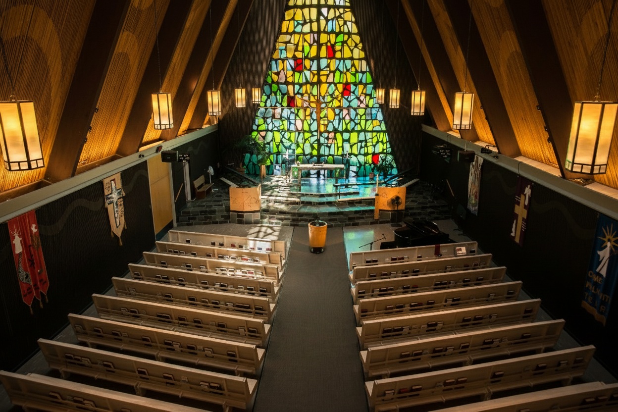 A photograph by Tharaka Mapalagama, taken from the second-floor balcony of Trinity Lutheran Church in Richmond, BC, looking north into the renovated narthex. The image shows the checkered tile flooring leading to the wooden entrance doors of the sanctuary, with a large textile banner hanging above that reads 'My Child Welcome' and depicts Christ with crucifixion marks and outstretched arms walking toward the viewer.